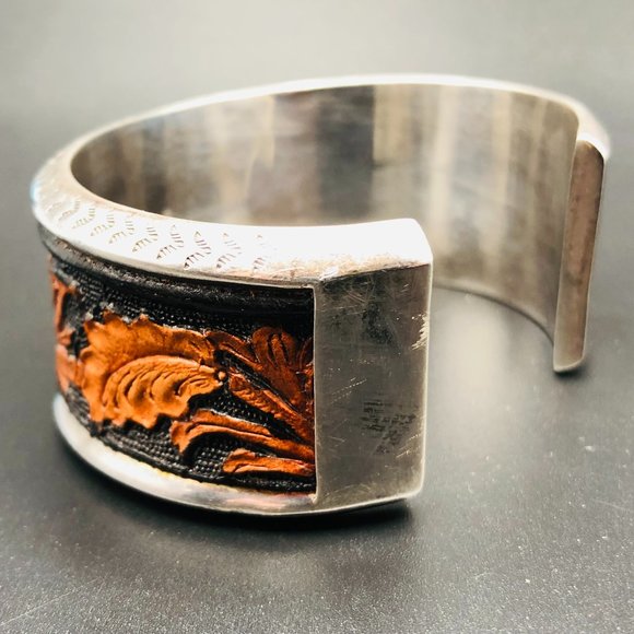 Vtg Peyote Bird Designer Tooled Leather Cuff Bracelet, Sterling Silver, 40.4 Gm - Picture 3 of 15